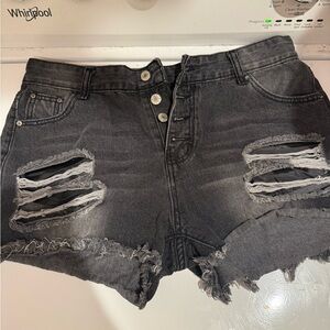 High-Waist Distressed Black Denim Shorts